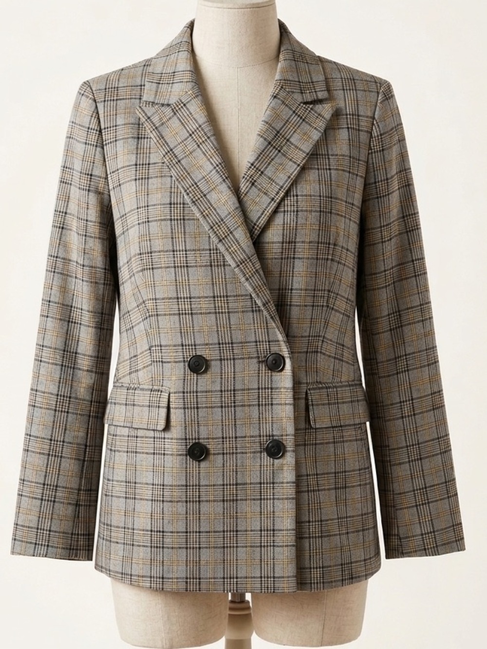 NWT Vera & Lucy Plaid Double Breasted Blazer Jacket Grey Neutral Size S